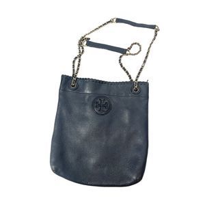 Tory Burch blue pebbled leather swing back Marion whipstitched handbag